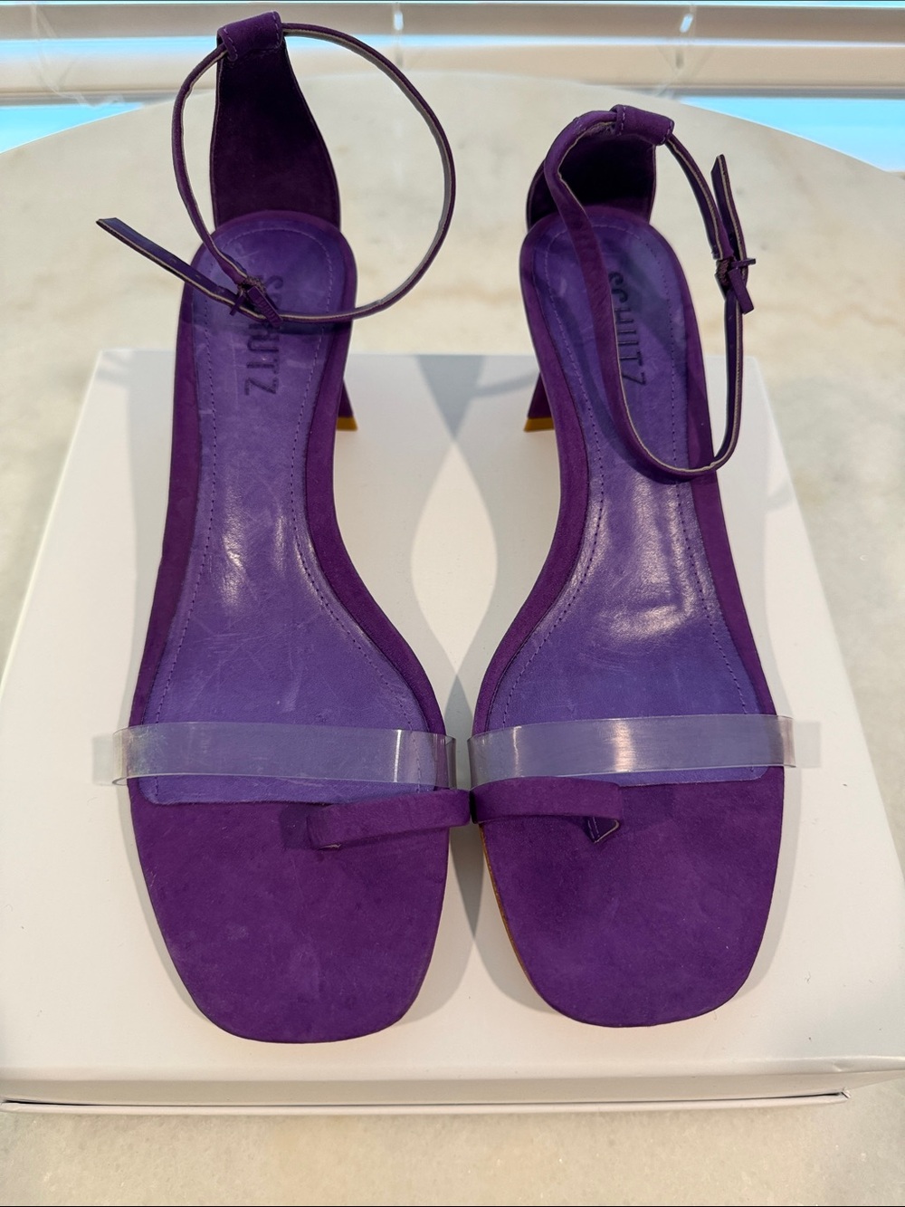 SCHUTZ Purple Suede Ankle-Strap Sandals with Clear Toe Strap